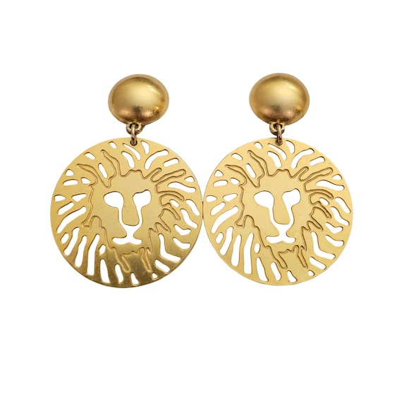Anne Klein Signature Lion Medallion Dangle Clip On Matte, Gloss Earrings J347