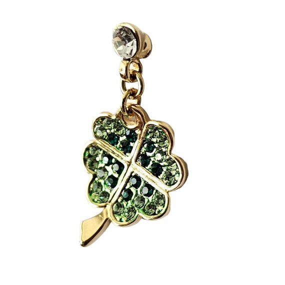 Gold Tone Green Rhinestone Pave Four-Leaf Clover Dangle Lapel Tie Scarf Pin L267