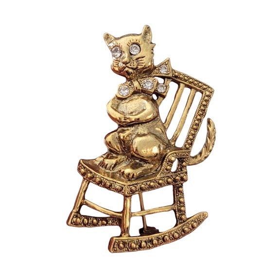 1928 Brand Clear Rhinestone Cat in Rocking Chair Brooch Pin E638