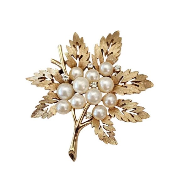 Trifari Crown Over T Clear Rhinestone Faux Pearl Leaf Brooch Signed, J829