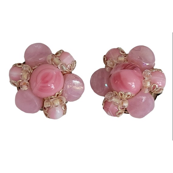 Western Germany Pink Glass And Plastic Bead Brass… - image 1