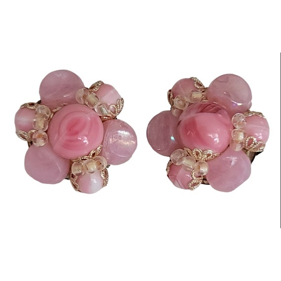Western Germany Pink Glass And Plastic Bead Brass Cap Clip Earrings, Signed K389