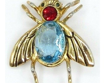 Coro Gold-Tone Blue Crystal Belly Red Rhinestone Flying Bug Figural Brooch, Signed