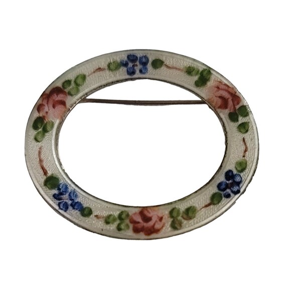 Lamode Sterling Silver Green Enamel Guilloche Open Oval Pin Brooch, Signed K932