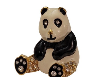 PEP Erwin Pearl Zwart Wit Emaille Helder Strass Panda Bear Broche Pin, Gesigneerd E778