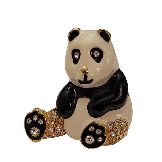 PEP Erwin Pearl Black White Enamel Clear Rhinestone Panda Bear Brooch Pin, Signed E778