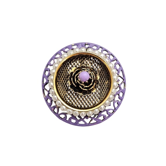Gold Tone Faux Pearl Brooch, Round Purple Mesh Style Pin Pendant J405