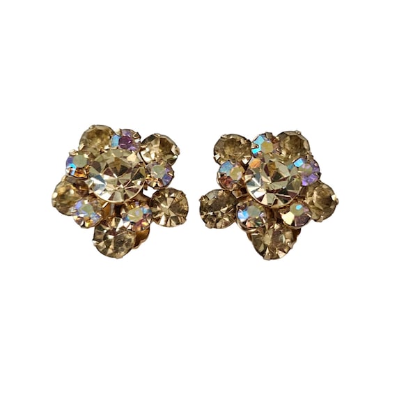 Vintage Jonquil Prong Set AB Rhinestone Cluster Clip-On Earrings L95