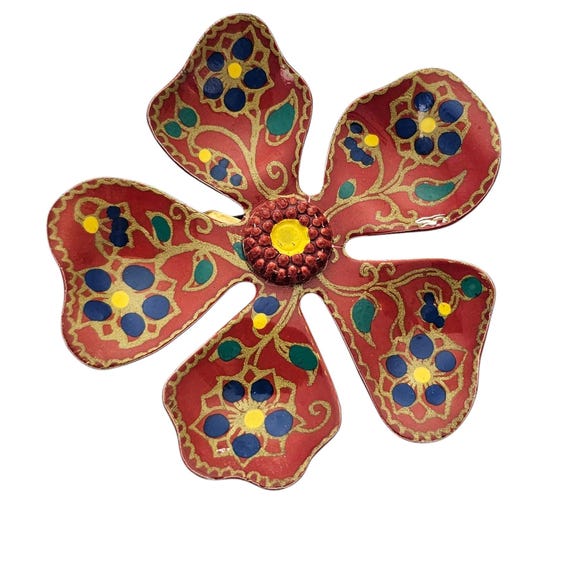 West Germany Enamel Painted Flower Metal Brooch Pin, Signed  L956