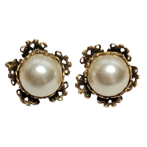 Bergere Gold-Tone Layered Leaf Faux Pearl Clip On Earrings, Signed