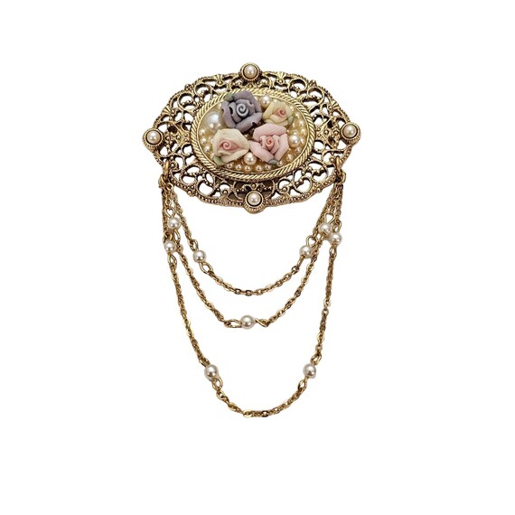 1928 Brand Porcelain Rose Victorian Style Chatelaine Chain Filigree Brooch, L409