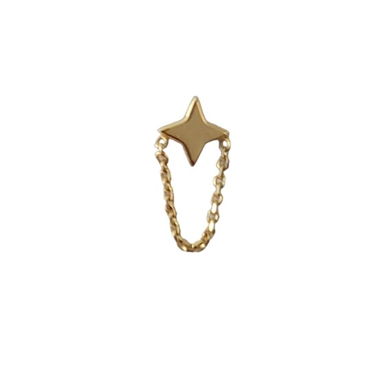 14K Yellow Gold 4 Point Star With Chain Dangle One Post Earring, E116