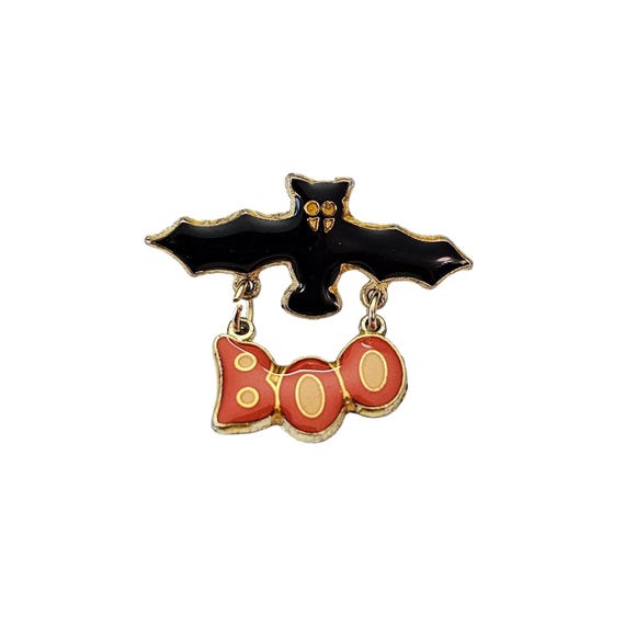 Black Bat With “Boo” Charm Dangle Lapel Pin L328