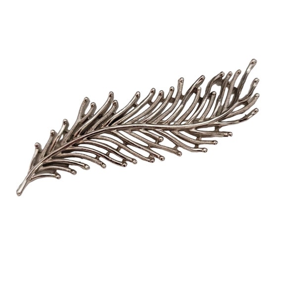 Trifari Crown Over T Silver Tone Modernist Feather Pine Tree Branch Leaf Brooch Pin, Signed K698