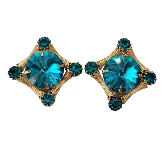 Gold Tone Teal Lucite Rivoli, Glass Rhinestone Square Clip On Earrings E836