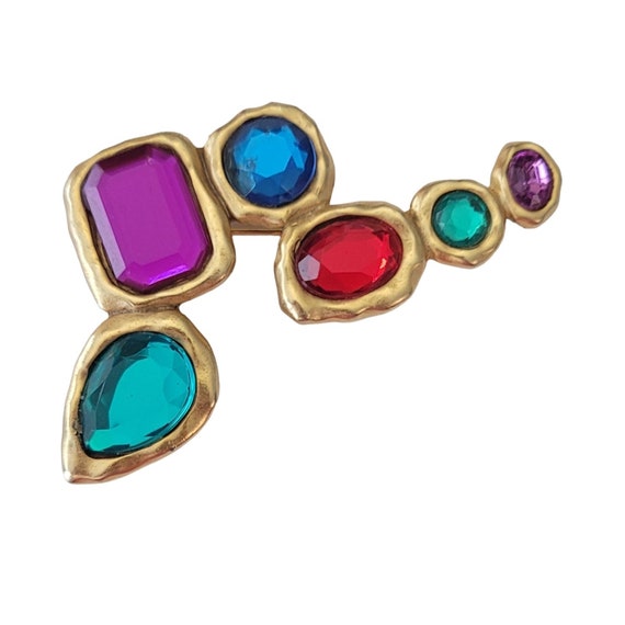 Matte Gold Tone Lucite Jeweled Modernist 80’s Geometrical Brooch E636