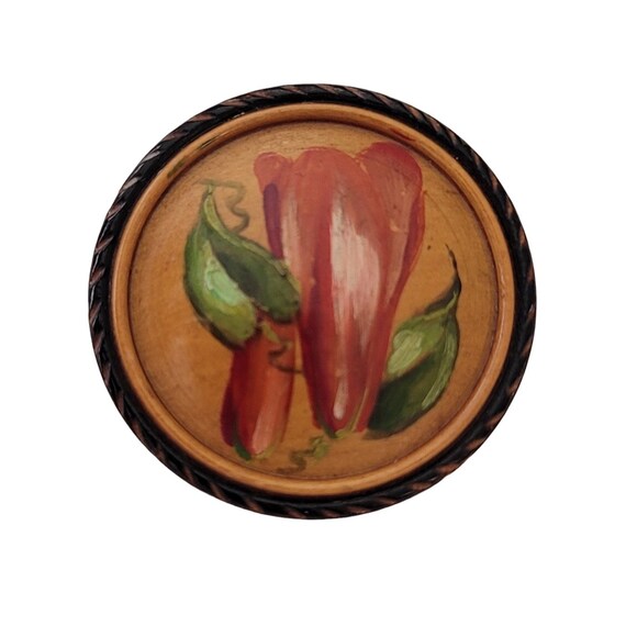 Vintage Carved Wood Painted Flower Round Pin Brooch E827