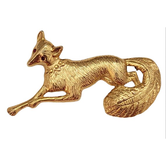 Gold Tone Red Rhinestone Graceful Chunky Fox Brooch Pin K689