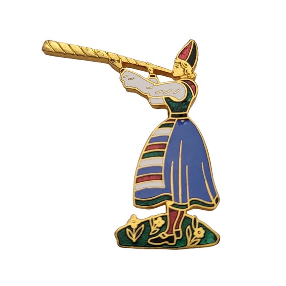 Gold Tone Blue White Green Enamel Swedish Girl Blowing Horn C-Clasp Brooch Pin E814