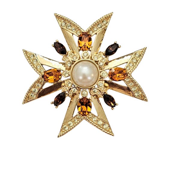 Gold Tone Designer Style Maltese Cross Brooch  Faux Pearl Clear Rhinestone Pin