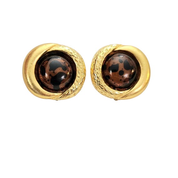 Gold Tone Vintage Domed Animal Print Center Lucite Round, Clip On Earrings