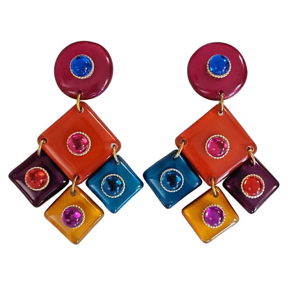 Pink Purple Orange Cabochon Square Charm Plastic 80’s Statement Charm Earrings, K453
