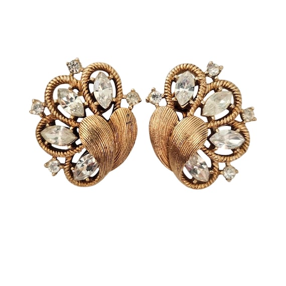 Trifari Crown Over T Gold Tone Clear Rhinestone Clip On Earrings Signed C743