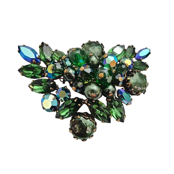 Regency Brooch Green AB Rhinestone Faux Baroque Pearl Cluster Pin Signed, C970