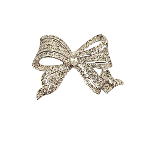 Silver Tone Clear Rhinestone Bow Brooch Rhodium Plated L867