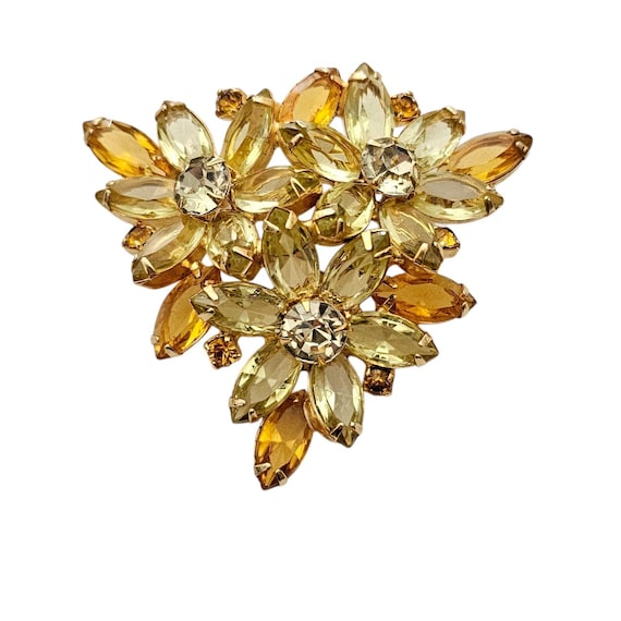 Yellow Gold Jonquil Rhinestone Brooch, Triangle Cluster Pin, L601