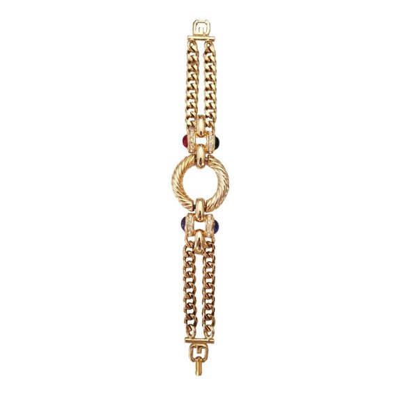 Gold Tone Clear Rhinestone Red Blue Green Purple Cab Dual Chain Ribbed Rope Center Bracelet L54