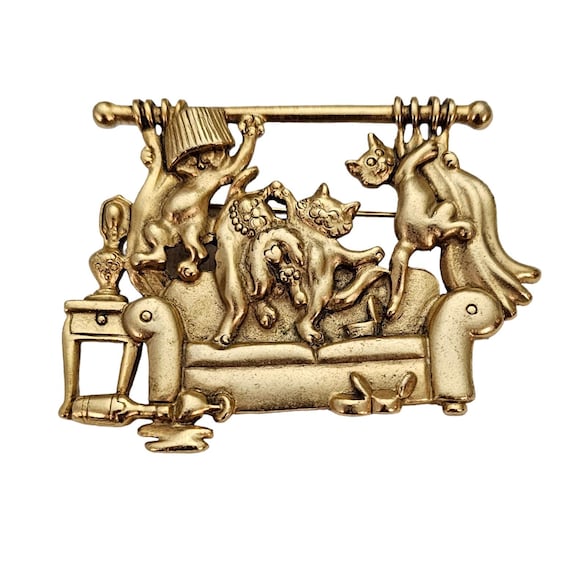 Vintage AJC Gold Tone Naughty Cats Brooch, Signed L375