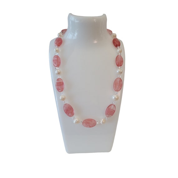 Sterling Silver Oval Pink Art Glass Baroque Pearl Clear Bi-Cone Crystal Necklace E948