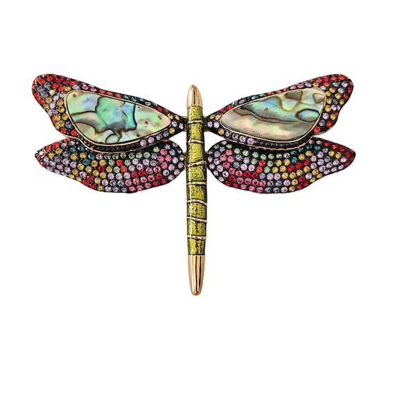 Joan Rivers Statement Dragonfly Brooch Rhinestone Abalone Green Enamel Pin J196