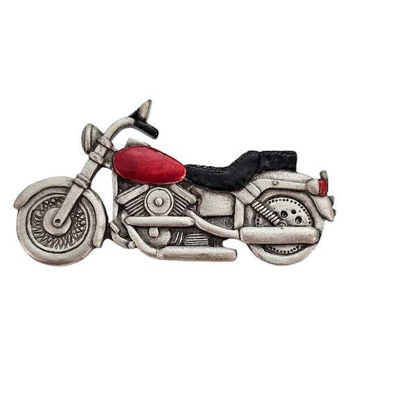 Spoontiques Motorcycle Brooch Red Black Enamel 5642 Pewter Pin, Signed L503