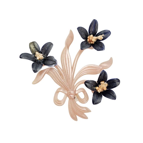 Vintage Plastic Flower Brooch Blue Pink Bow Pin, J45