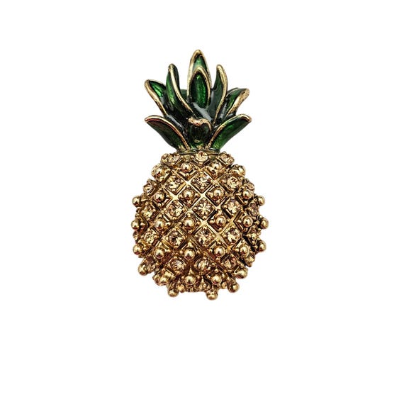 Pineapple Brooch Champagne Rhinestone Green Enamel Pin C630