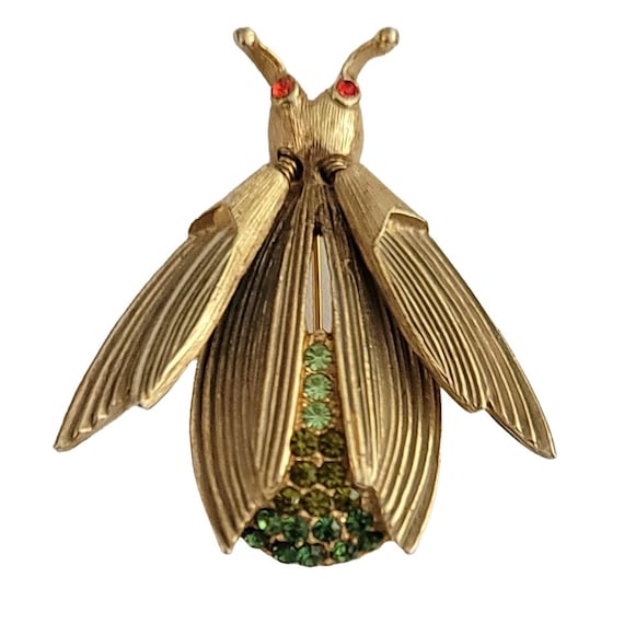 Florenza Vintage  Gold Tone Rhinestone Bug, Wing Trembler Brooch Pin, Signed