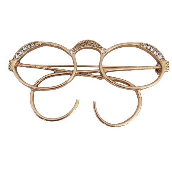 1928 Brand Gold Tone Clear Rhinestone Spectacles Eye Glass Brooch Pin K810