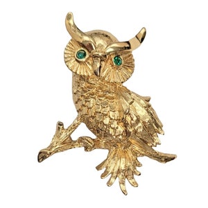 Monet Goldtone Owl, Green Rhinestone Eyes, Brooch Pin