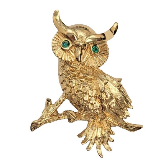 Monet Goldtone Owl, Green Rhinestone Eyes, Brooch Pin