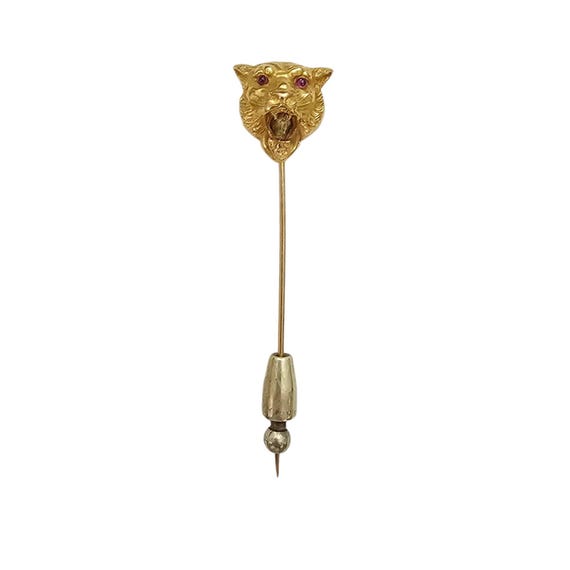 14K Yellow Gold Ruby Eye Open Mouth Tiger Cat Stick Pin