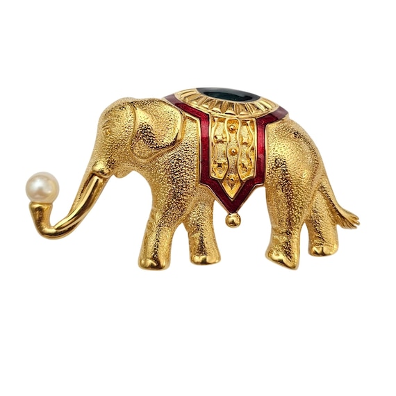 Monet Vintage Elephant Brooch Red Green Enamel Faux Pearl Pin Signed, C920