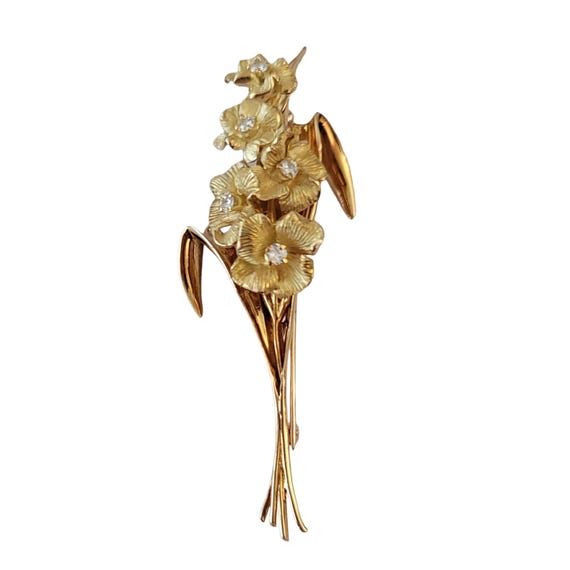 18k Yellow Gold, Diamond Stemmed Flower Leaf Bouquet Brooch M614