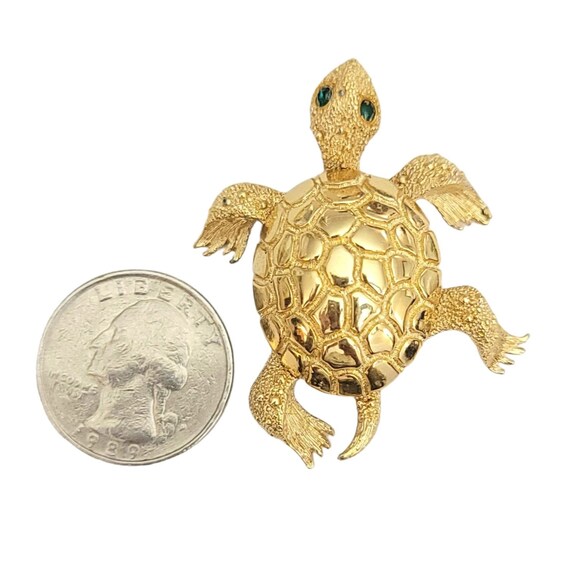Monet Gold Tone Green Rhinestone Turtle Brooch, S… - image 4
