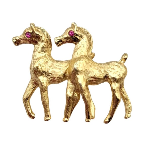 Napier Goldtone Horse Pair Pin Brooch Red Rhinestone Signed