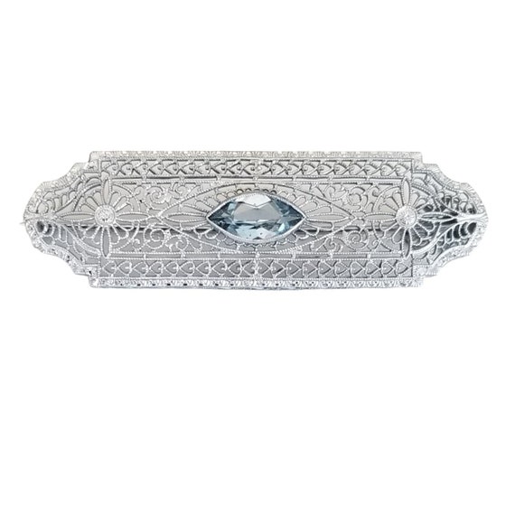 10k White Gold Art Deco Filigree Blue Glass Brooch Pendant, M593