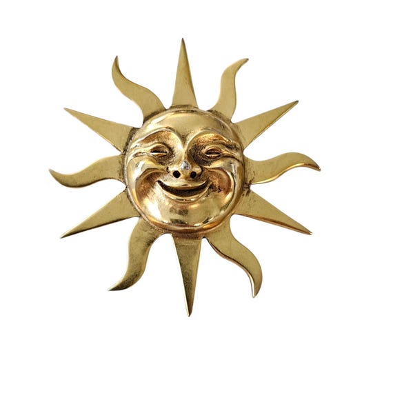 Alva Museum Gold Tone Sun Face Brooch Repousse, Domed Smile Face Pin, Signed