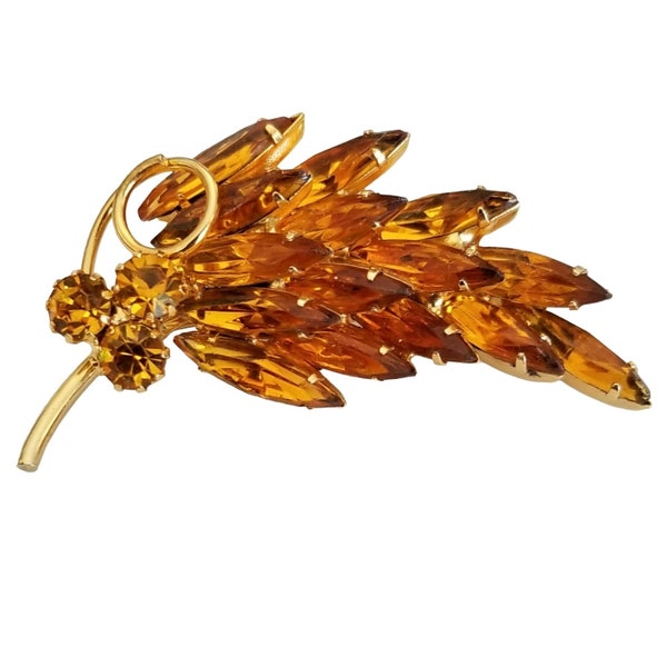 Gold Tone Amber-Colored Marquise Prong Set Rhinestone Spray Leaf Pin Brooch M949