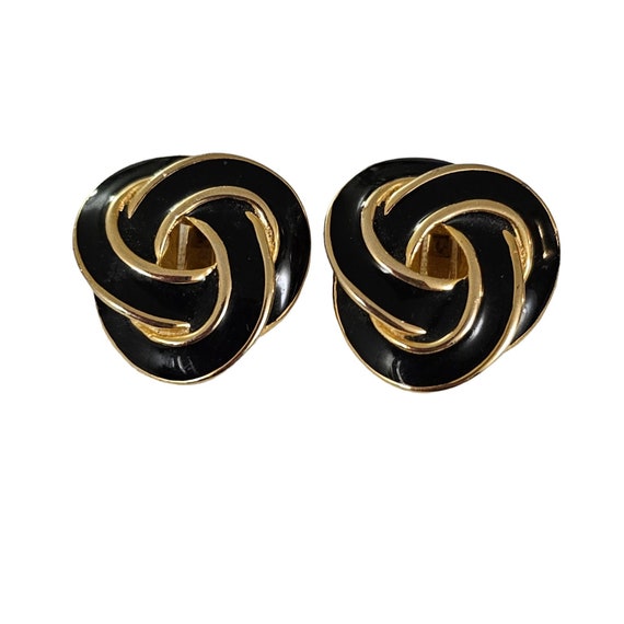 Gold Tone Black Enamel Love, Mobius Knot Clip-On Earrings L215
